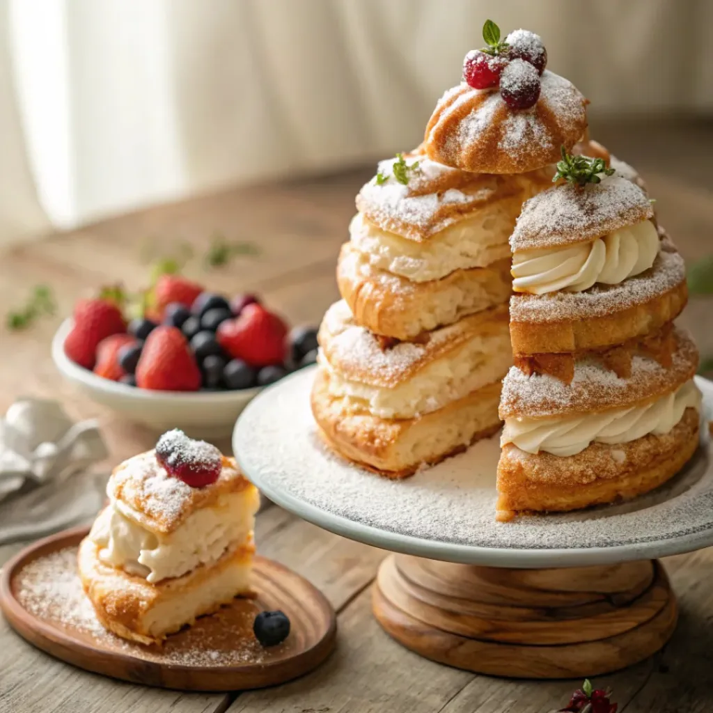 Cream Puff Cake – Light, Creamy & Irresistibly Luscious Dessert 8 Cream puff cake slice showing airy pastry and vanilla cream filling