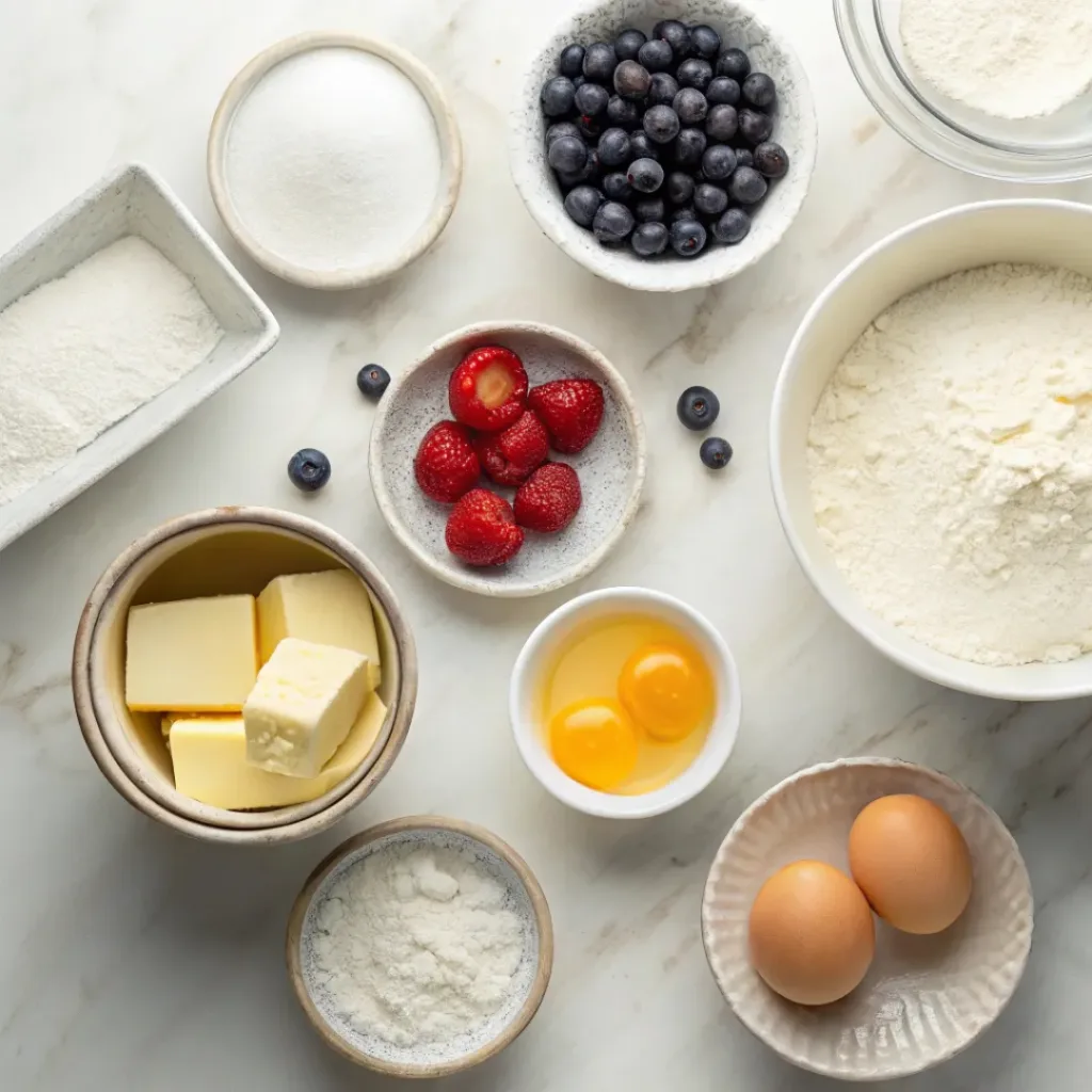 Cream Puff Cake – Light, Creamy & Irresistibly Luscious Dessert 6 Flat lay of flour, eggs, butter, milk, and cream ingredients