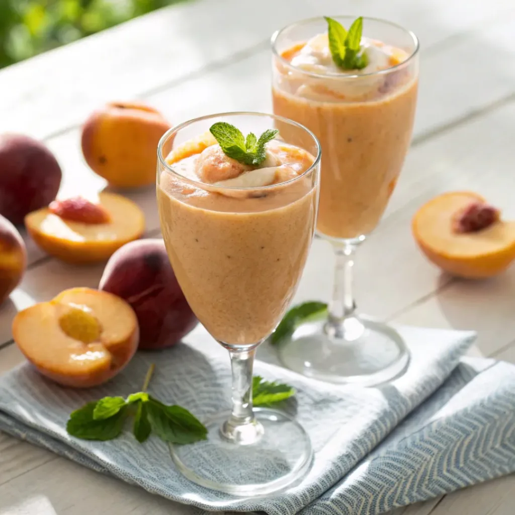Fresh creamy peach smoothie garnished with peach slices