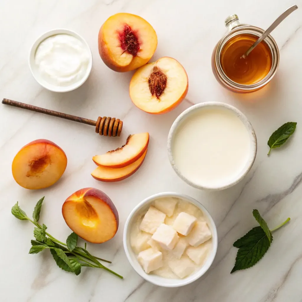 Flat lay of peaches, yogurt, milk, honey, and smoothie ingredients