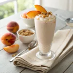 Creamy peach smoothie in a glass with fresh peach slices