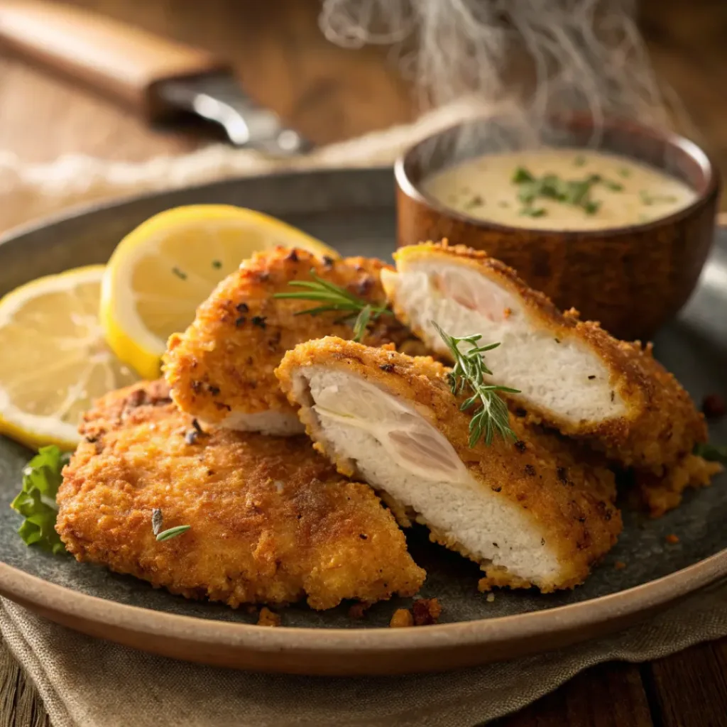 Golden fried chicken cutlets with lemon and creamy dip