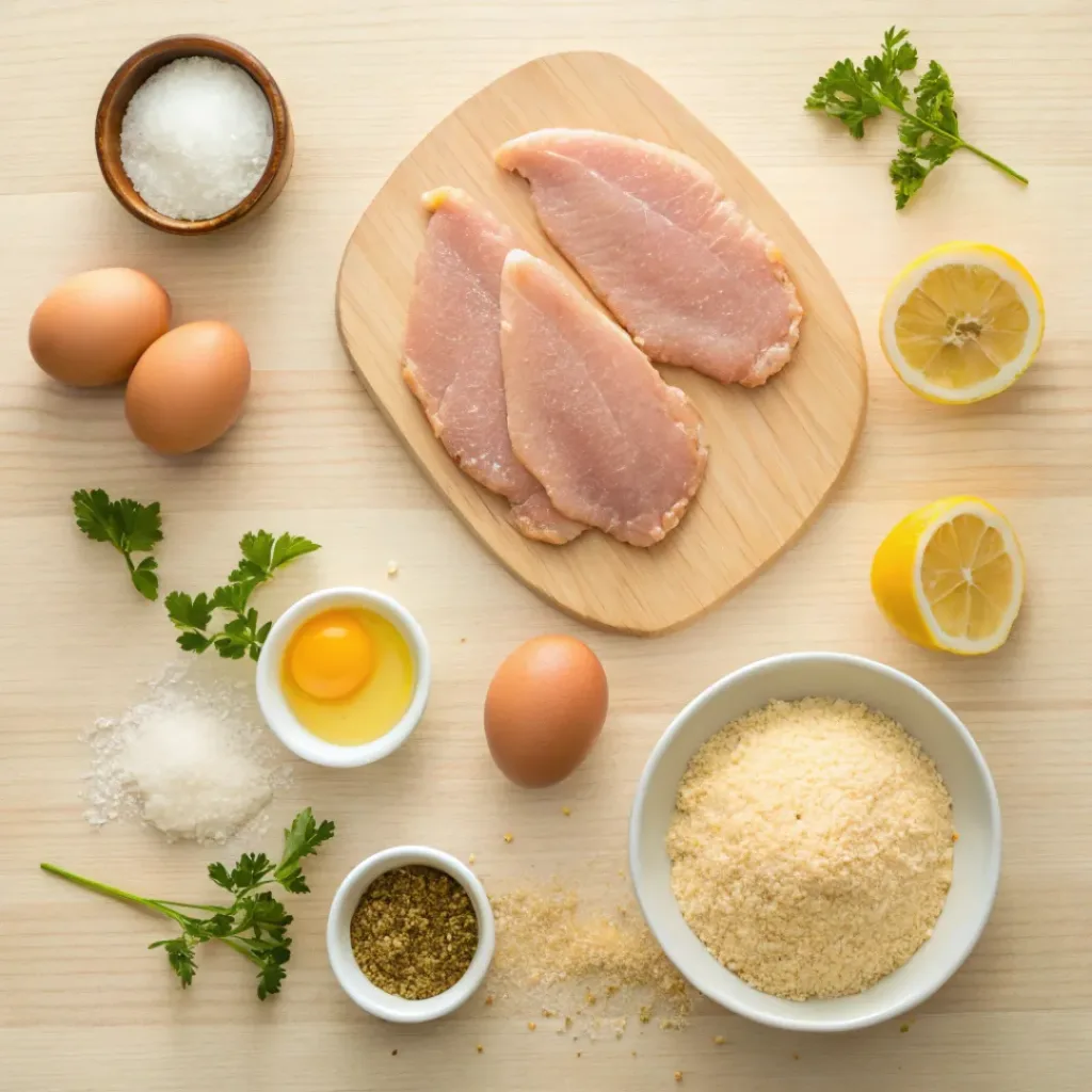 Flat lay of chicken, breadcrumbs, eggs, flour, and seasoning