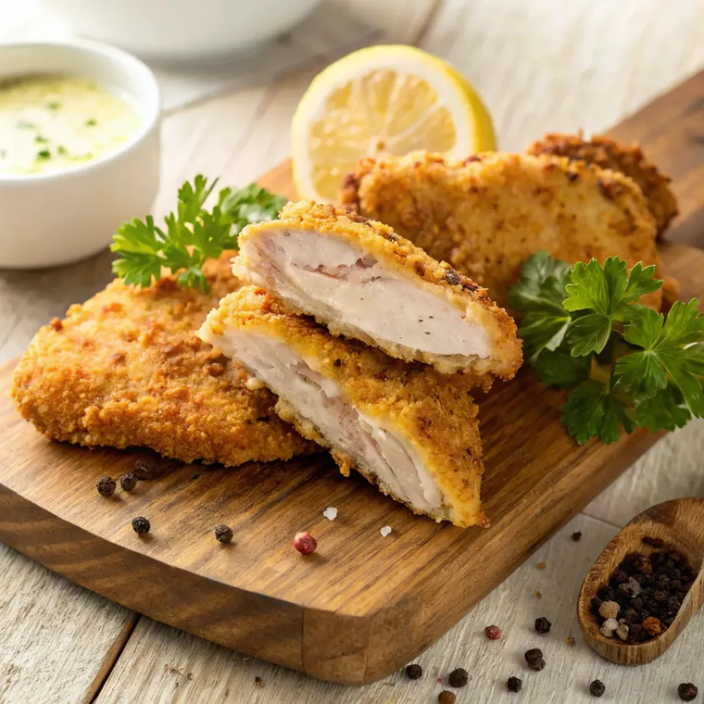 Golden crispy chicken cutlets with lemon and dipping sauce