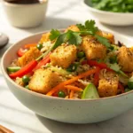 Crispy rice salad with vegetables, herbs, and sesame dressing