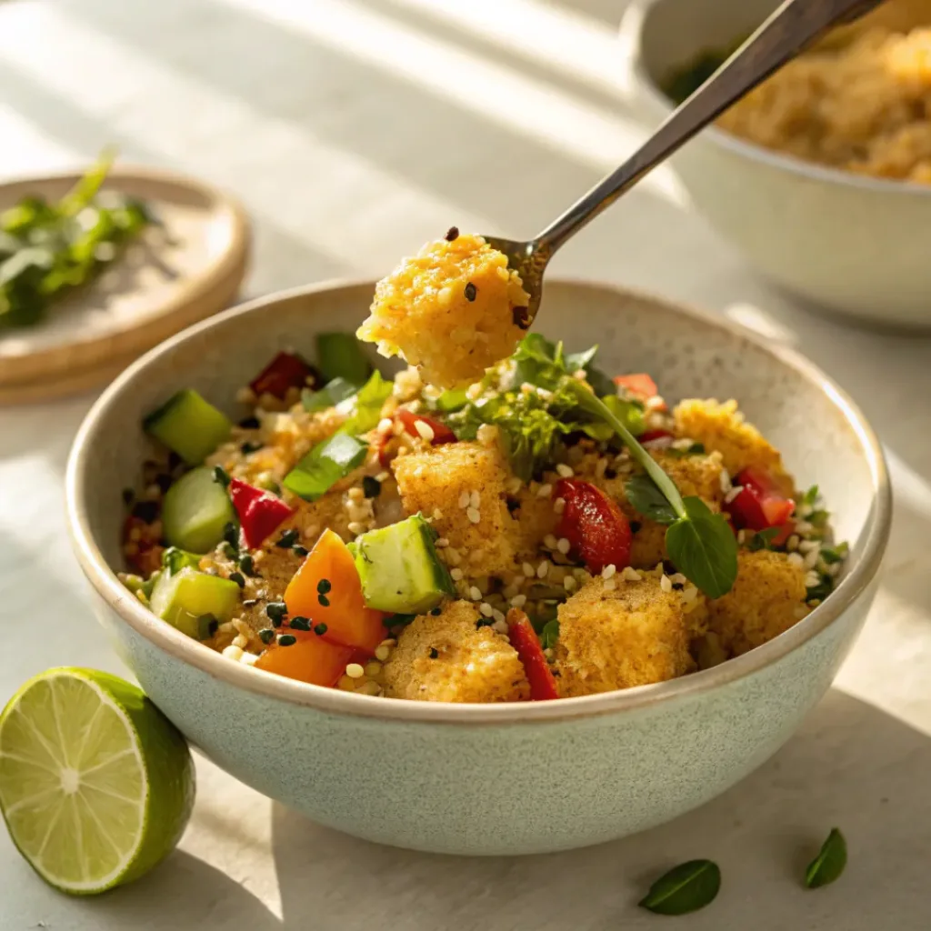 Crispy rice salad bowl with vegetables, herbs, and sesame dressing