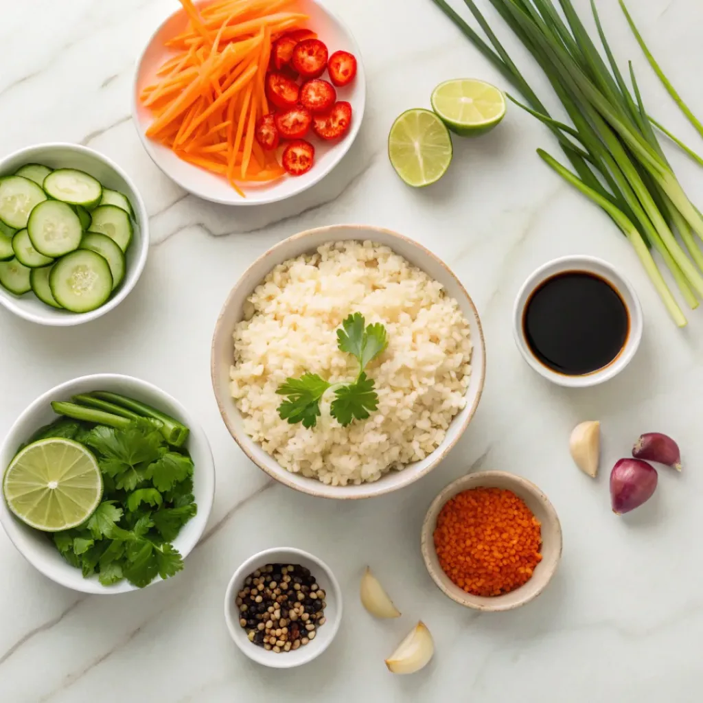 Flat lay of rice, vegetables, herbs, and sesame dressing ingredients