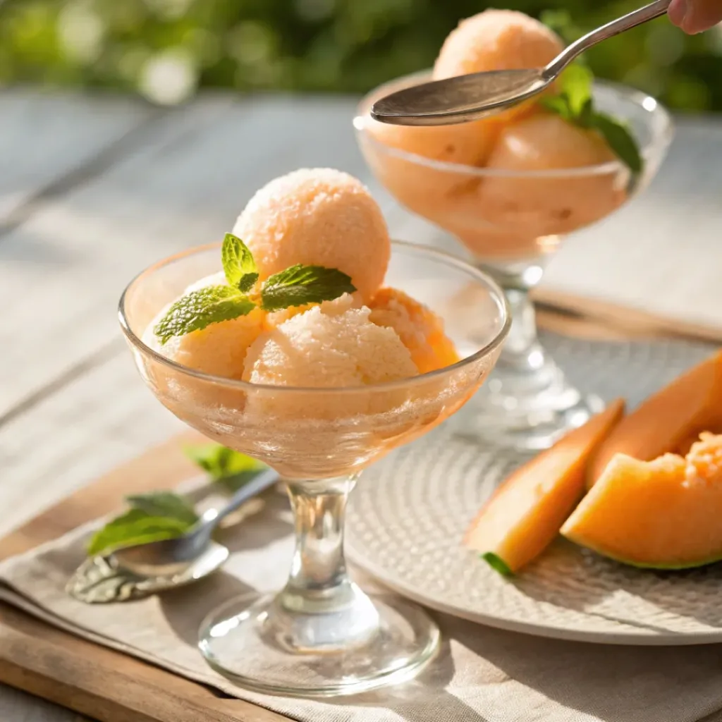 Cantaloupe sorbet scoops with fresh melon and mint garnish