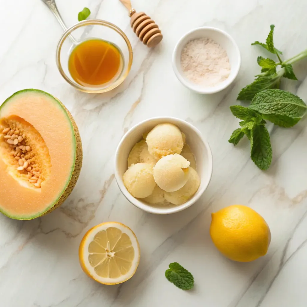 Flat lay of cantaloupe, sugar, lemon juice, and mint ingredients
