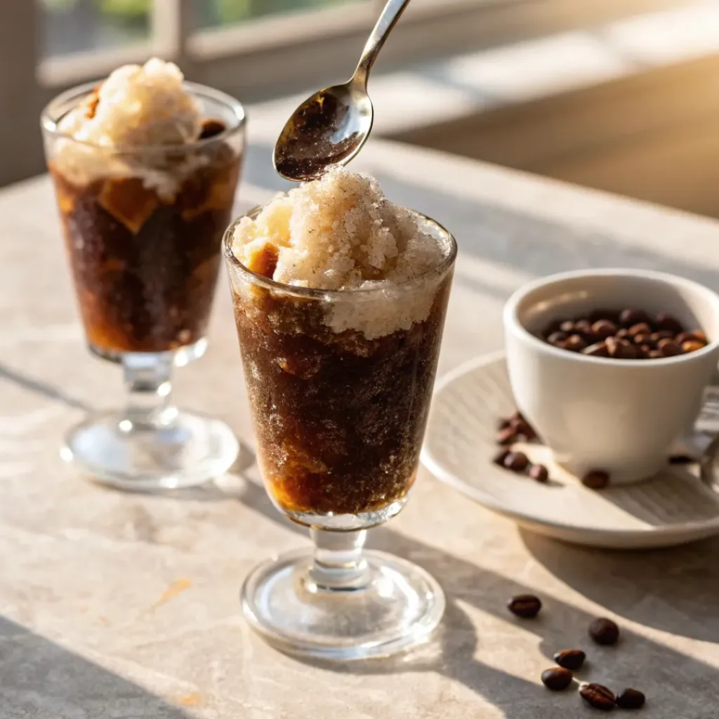 Espresso Granita – Bold, Refreshing & Italian Frozen Coffee Dessert 8 Frozen espresso granita with whipped cream and coffee beans