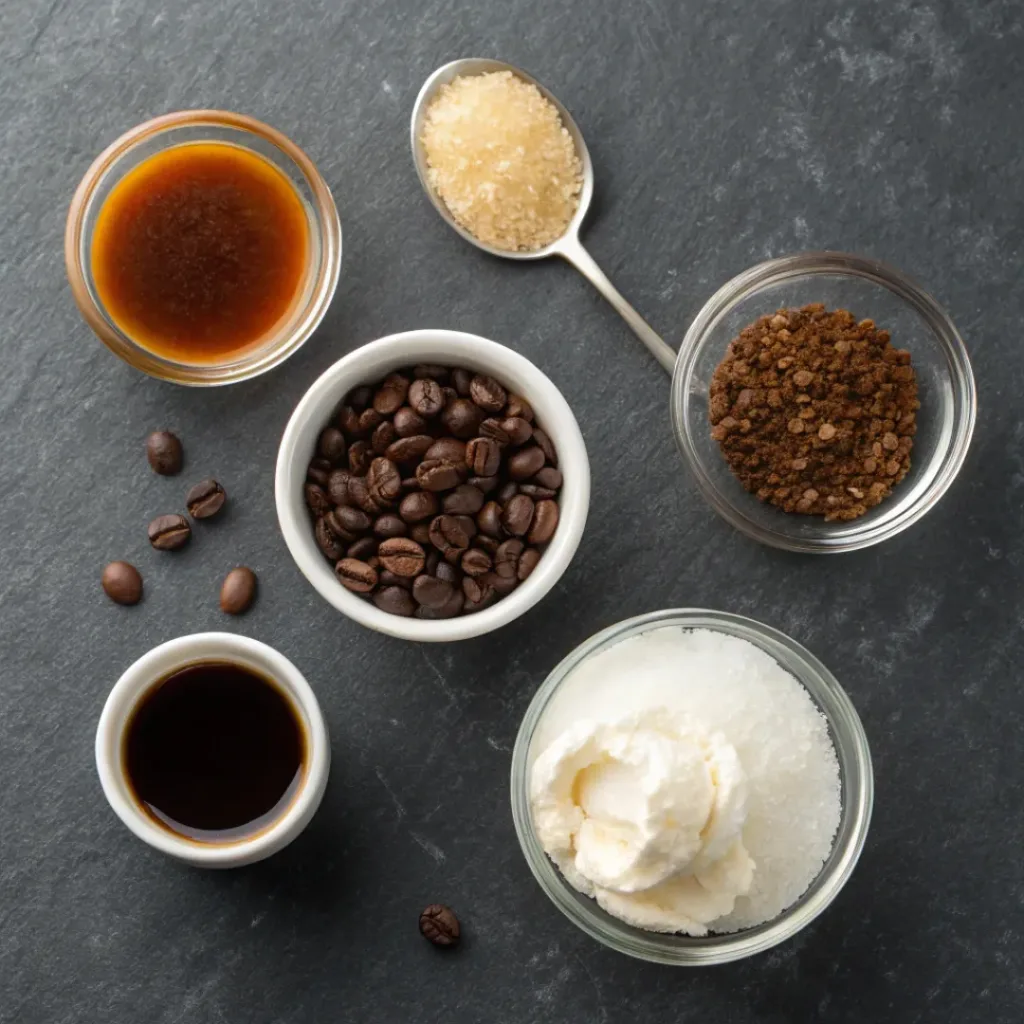 Espresso Granita – Bold, Refreshing & Italian Frozen Coffee Dessert 6 Flat lay of espresso, coffee beans, sugar, and granita ingredients