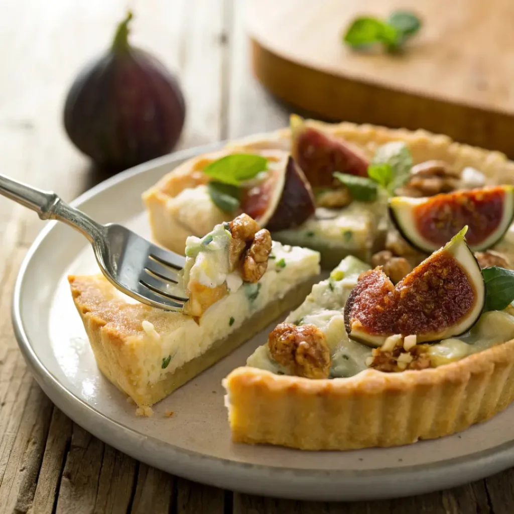 Fig and Blue Cheese Tart with Honey – Sweet & Savory Elegant Appetizer 8 Slice of fig tart with blue cheese, walnuts, and honey drizzle
