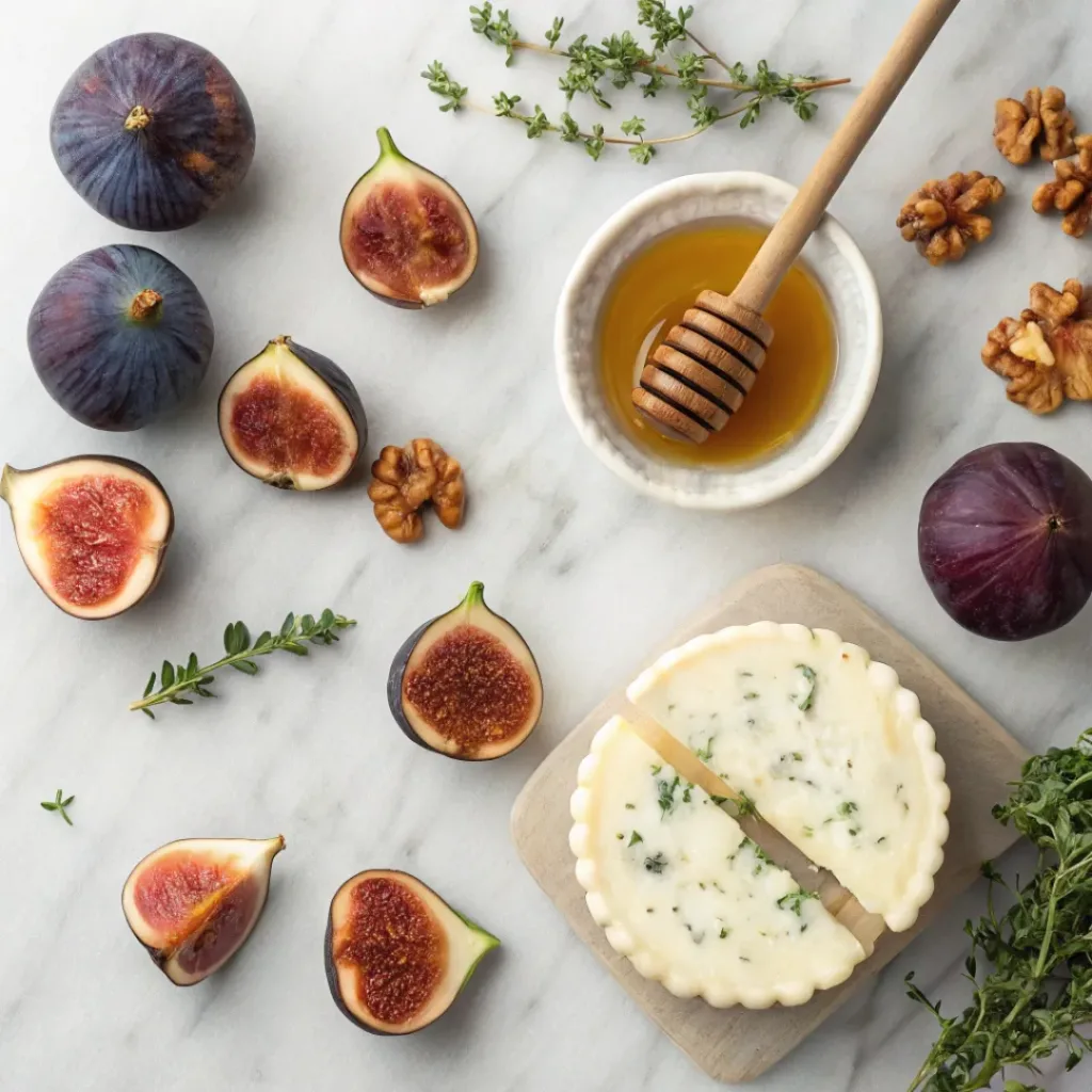 Fig and Blue Cheese Tart with Honey – Sweet & Savory Elegant Appetizer 6 Flat lay of figs, blue cheese, honey, walnuts, and puff pastry ingredients