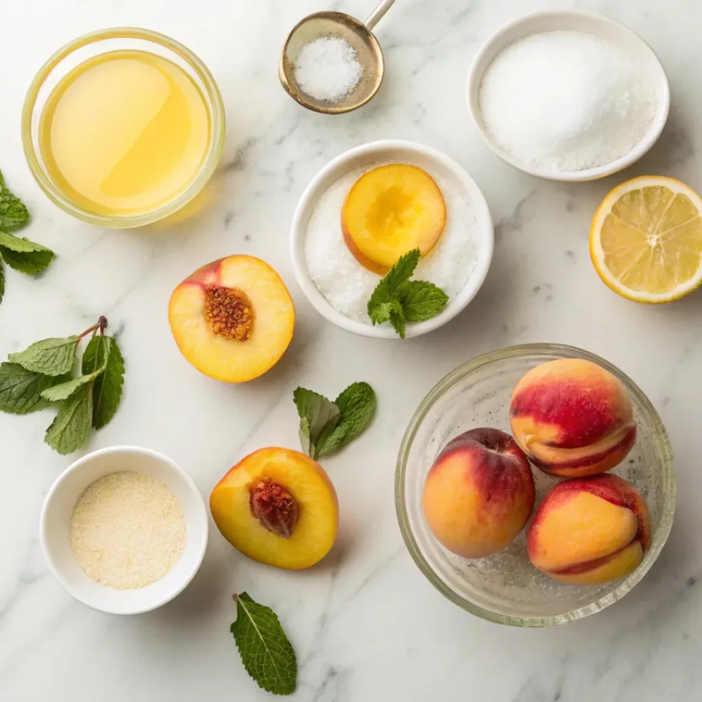 Flat lay of peaches, lemon, sugar, and sorbet ingredients