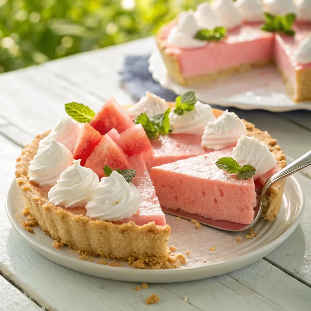 Slice of airy watermelon pie with mousse filling and whipped topping