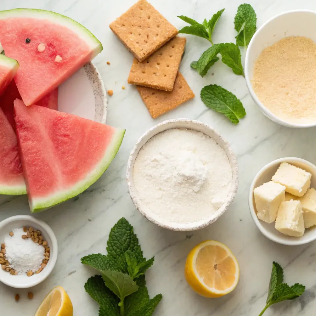 Flat lay of watermelon, cream, graham crackers, and pie ingredients
