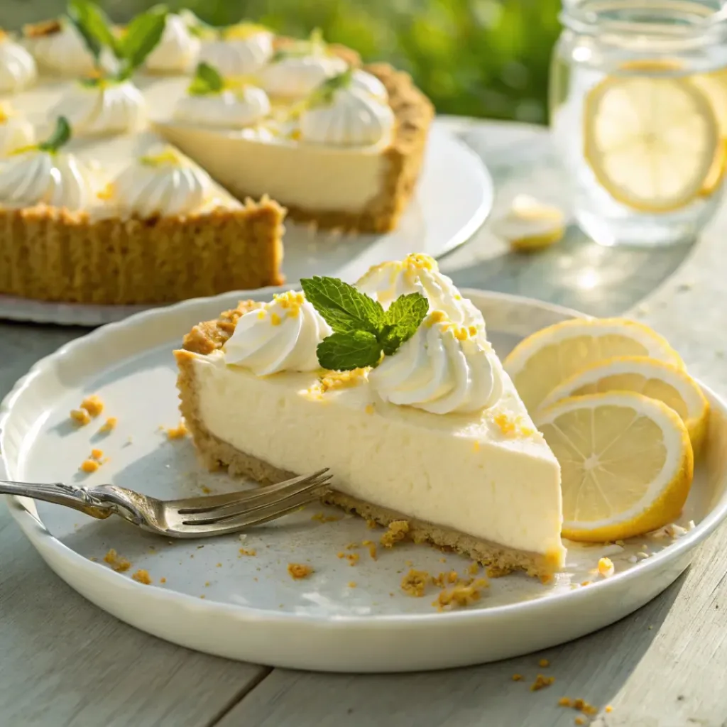 Frozen Lemonade Pie – Creamy, Tangy & Refreshing No-Bake Dessert 8 Slice of frozen lemonade pie with graham cracker crust and whipped cream topping
