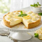 Frozen lemonade pie with whipped cream and lemon garnish