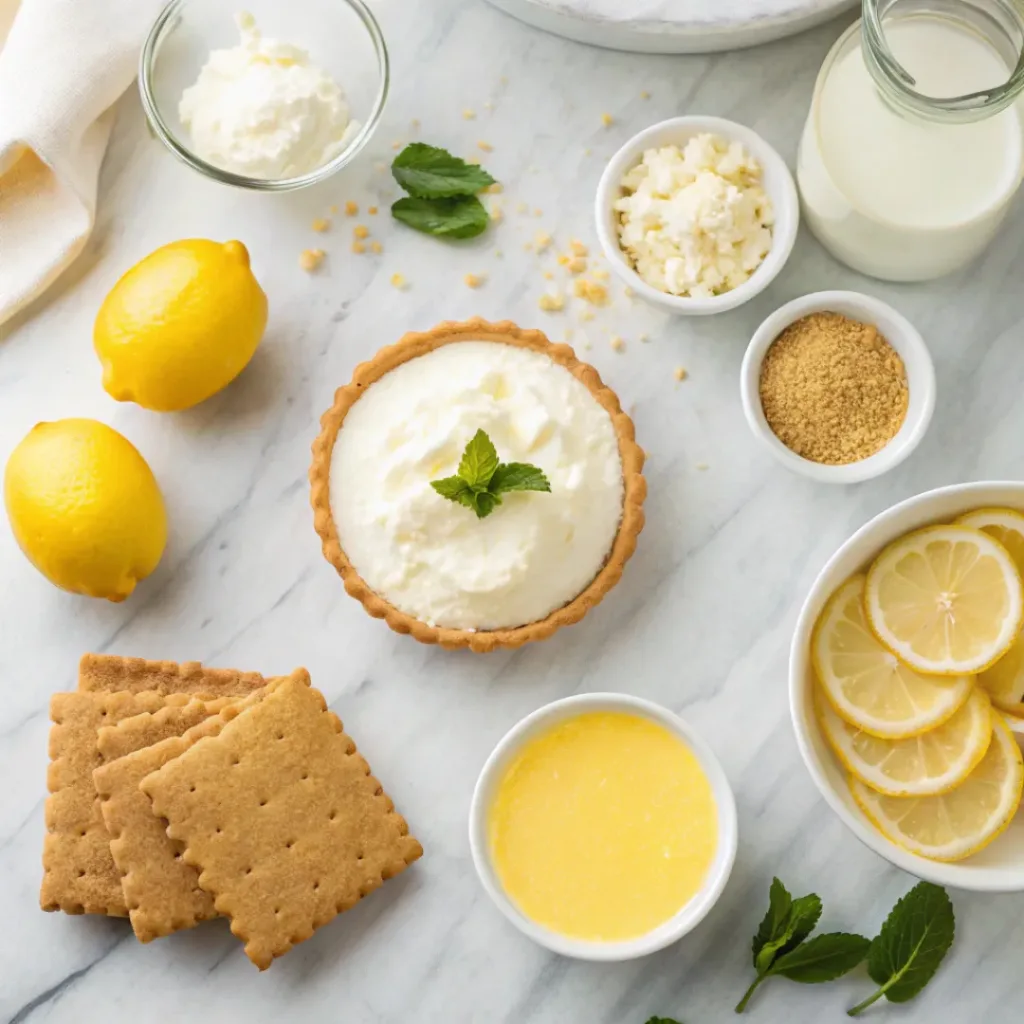 Frozen Lemonade Pie – Creamy, Tangy & Refreshing No-Bake Dessert 6 Flat lay of lemons, condensed milk, graham crackers, and pie ingredients
