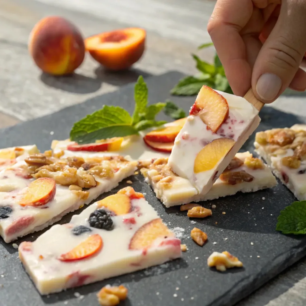 Frozen yogurt bark pieces with peaches, granola, and honey drizzle
