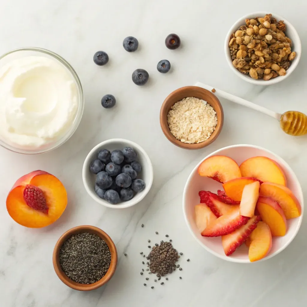 Flat lay of yogurt, peaches, honey, granola, and berries