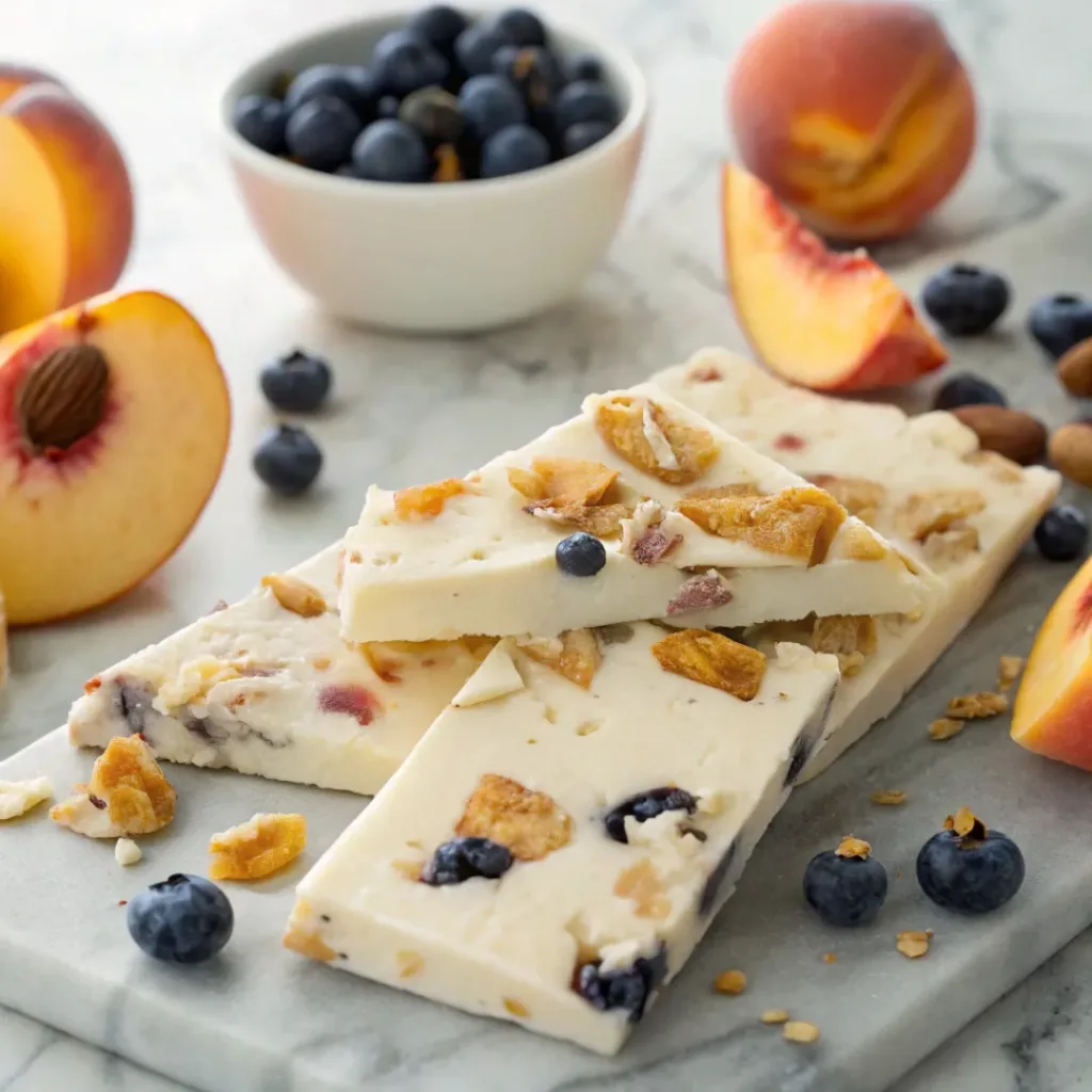 Home 9 Frozen yogurt bark with peach slices, berries, and granola