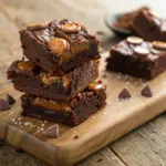 Fudgy brownies with melted Rolo caramel centers and chocolate drizzle