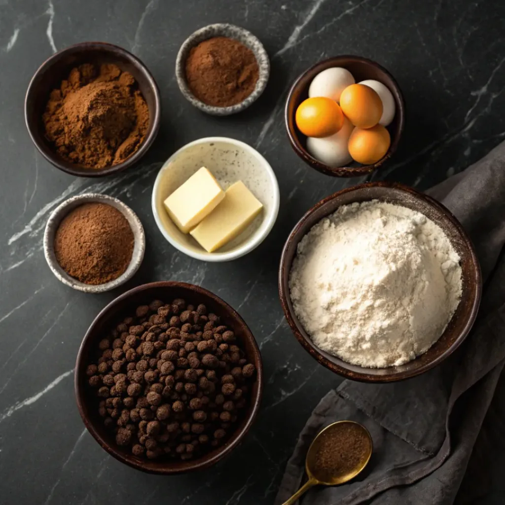 Fudgy Rolo Brownies – Gooey, Caramel-Filled & Ultra Rich 6 Flat lay of cocoa powder, butter, eggs, and Rolo candies
