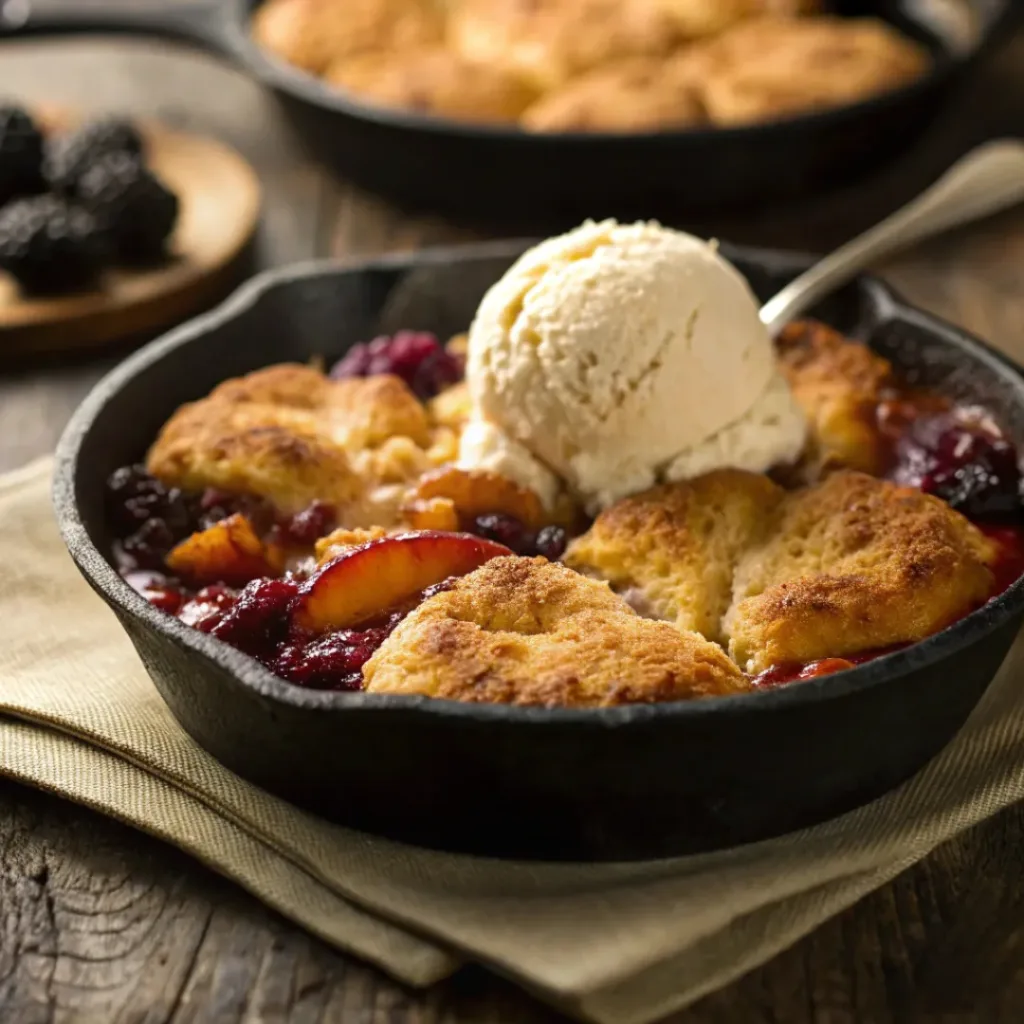 Warm cobbler with peaches, blackberries, and melting ice cream