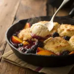 Baked cobbler with peaches, blackberries, and biscuit topping in skillet