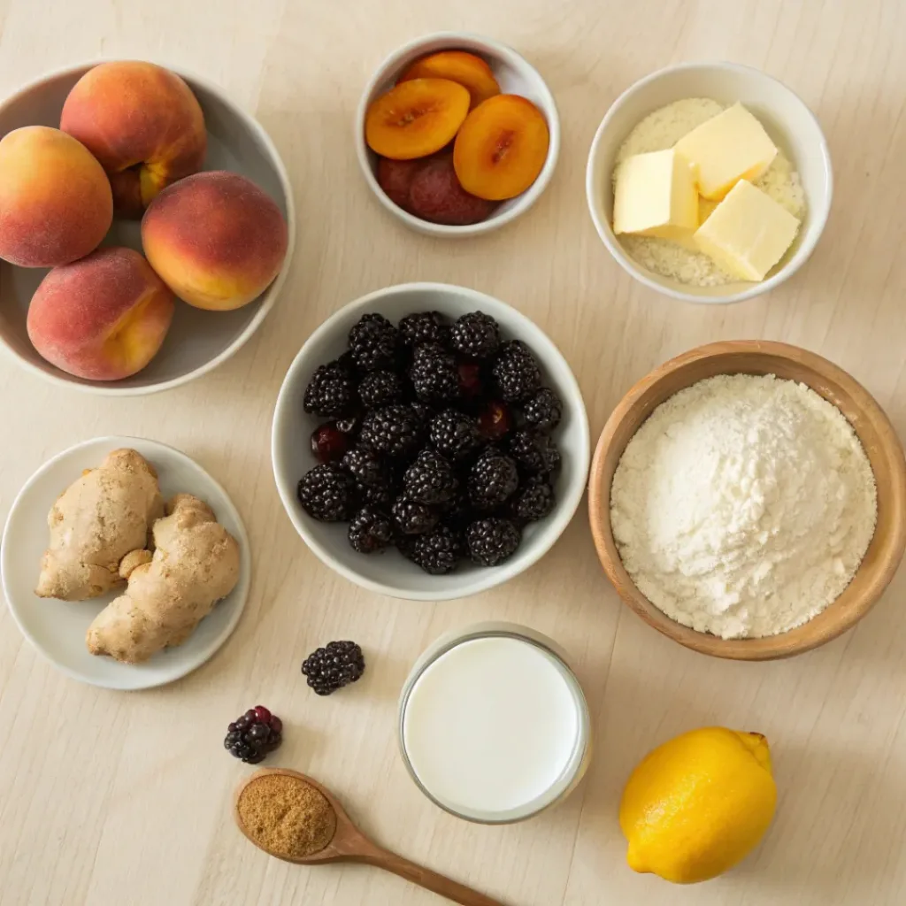 Flat lay of peaches, blackberries, ginger, flour, and baking ingredients