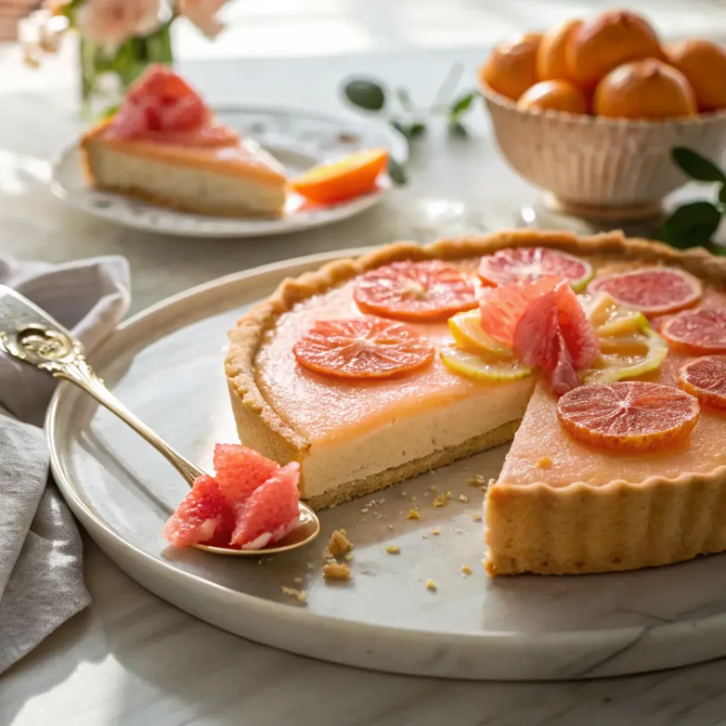 Slice of grapefruit curd tart with silky citrus filling and pastry crust