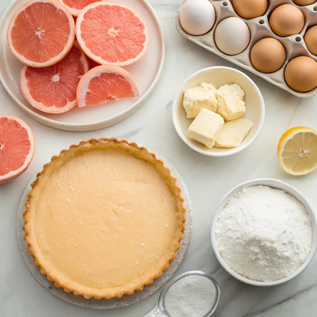 Flat lay of grapefruits, butter, eggs, flour, and tart ingredients