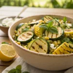 Orzo salad with grilled zucchini, sweet corn, feta, and herbs