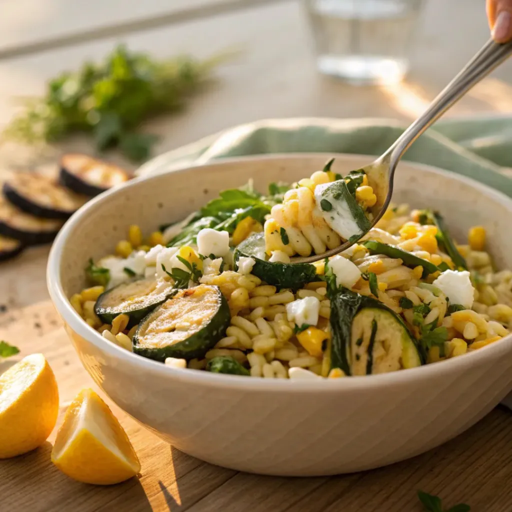Fresh orzo salad with grilled zucchini, corn, feta, and herbs