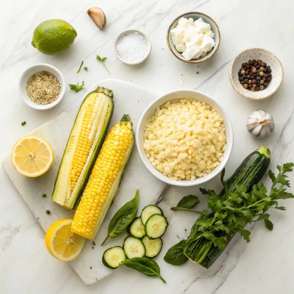 Flat lay of zucchini, corn, orzo, feta, lemon, and herbs