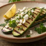 Grilled zucchini slices topped with feta, herbs, and olive oil