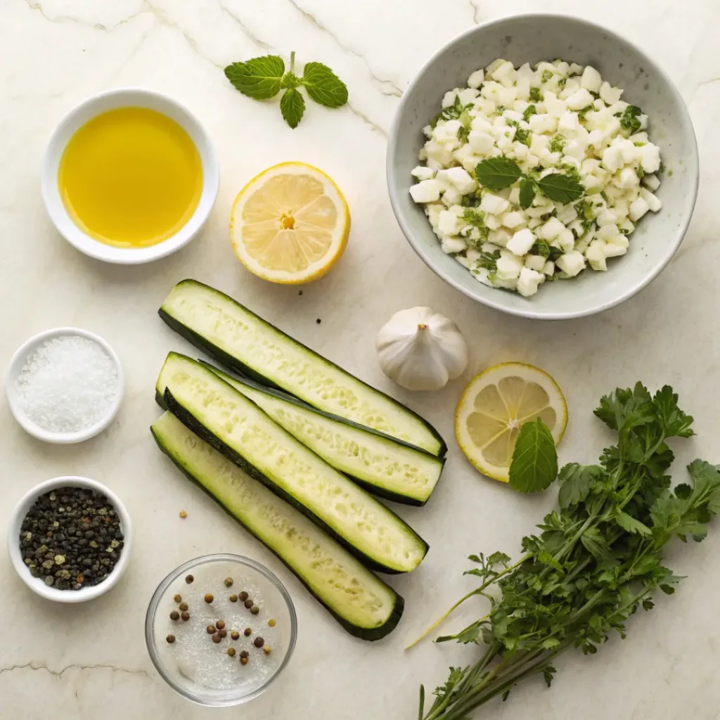 Grilled Zucchini with Feta – Smoky, Fresh & Mediterranean-Inspired Side 6 Flat lay of zucchini, feta, herbs, lemon, and olive oil ingredients