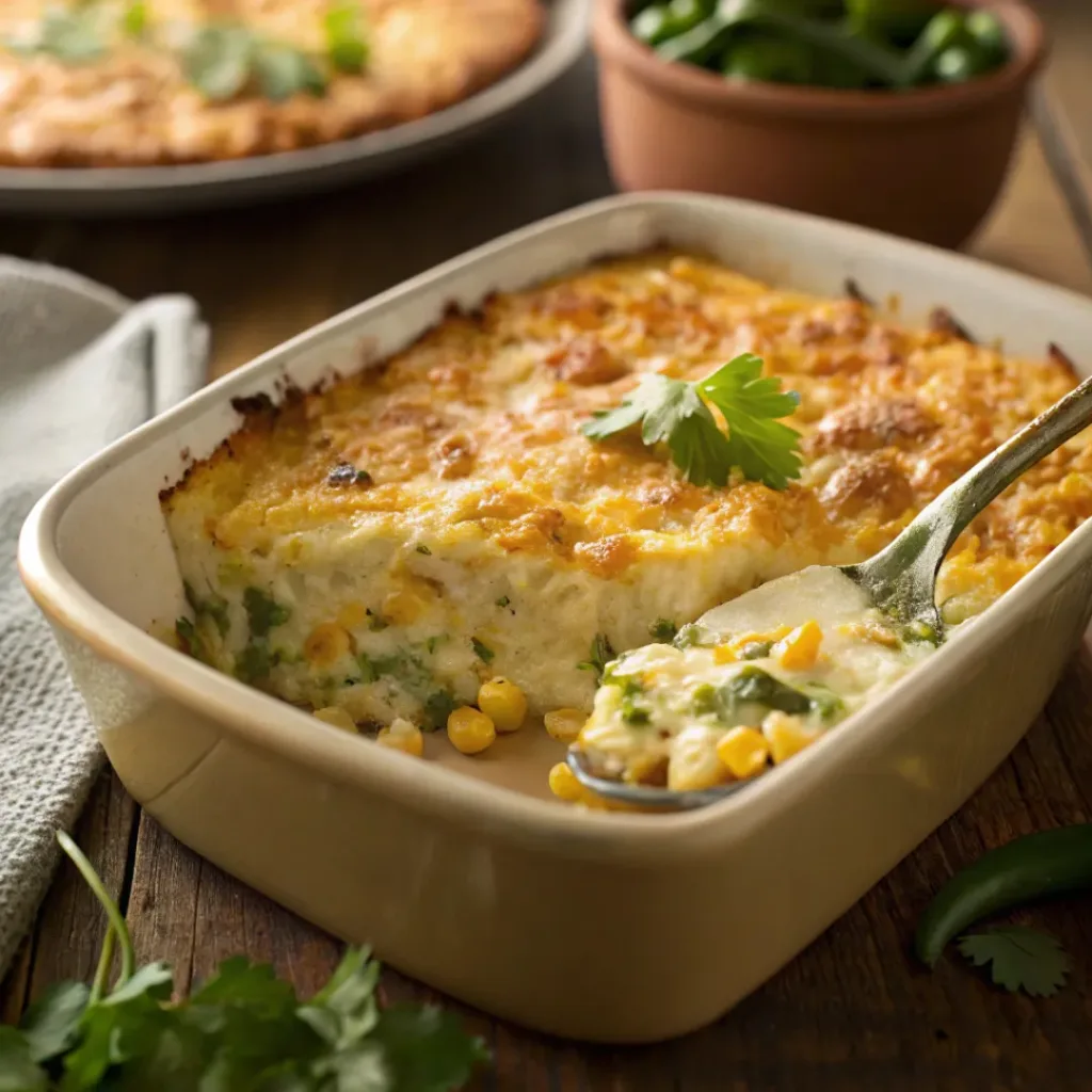 Hatch Chile Corn Casserole – Creamy, Cheesy & Flavor-Packed Side Dish 8 Creamy corn casserole with roasted Hatch chiles and cheese