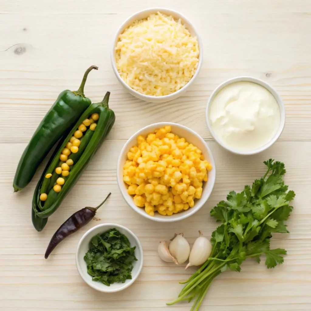 Hatch Chile Corn Casserole – Creamy, Cheesy & Flavor-Packed Side Dish 6 Flat lay of corn, Hatch chiles, cheese, and casserole ingredients
