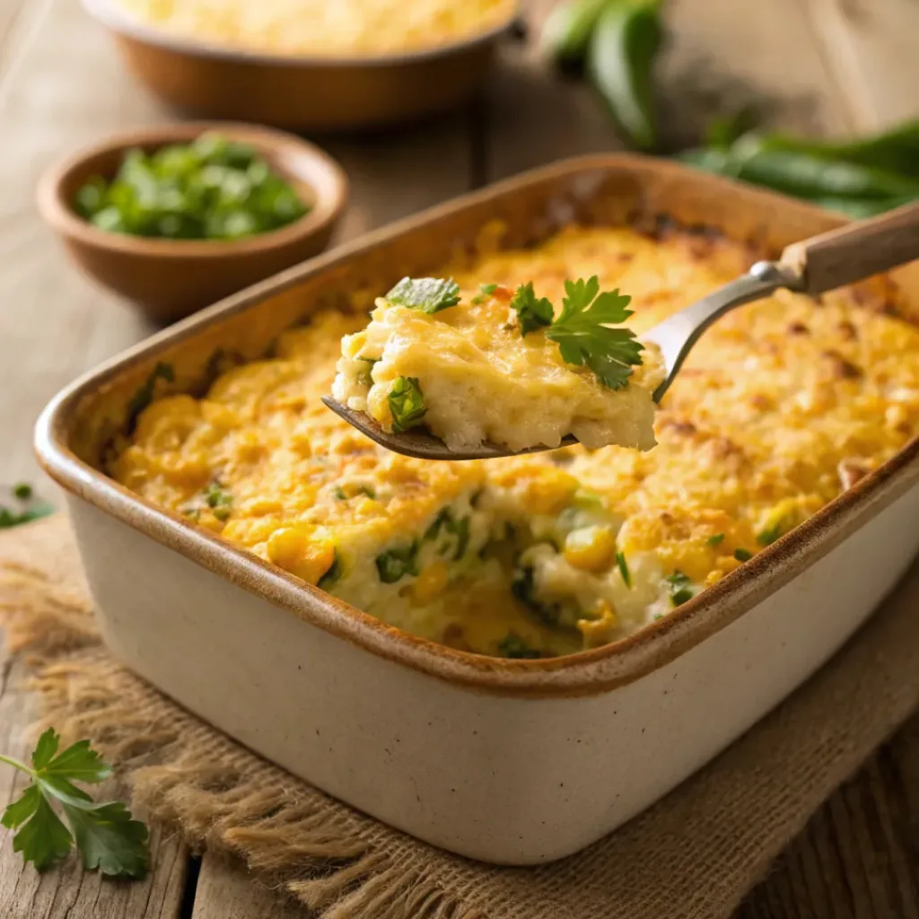 Corn casserole with roasted Hatch chiles and melted cheese