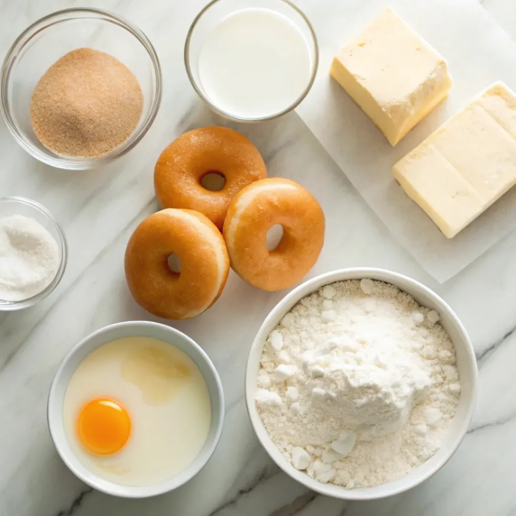 Homemade Glazed Donuts – Soft, Fluffy & Bakery-Style 6 Flat lay of flour, yeast, eggs, milk, and glaze ingredients