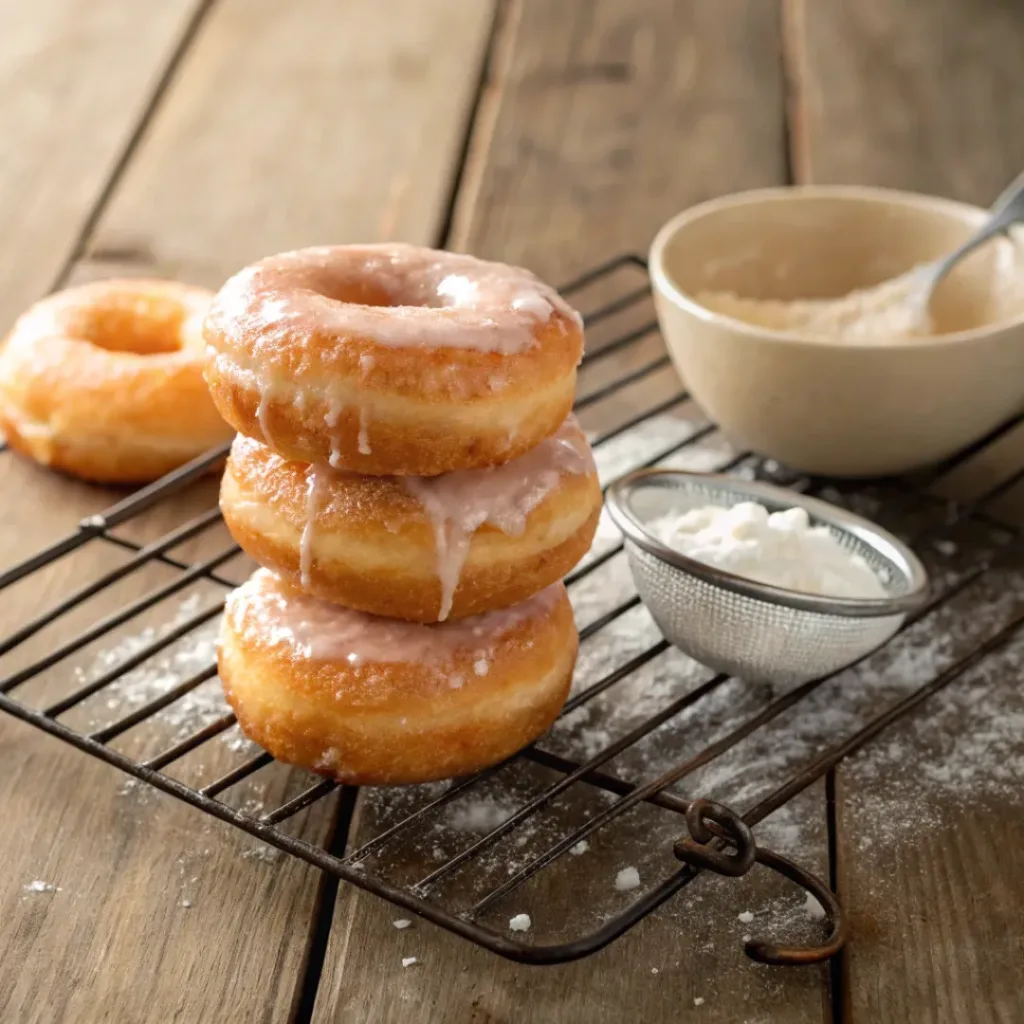 Home 8 Homemade glazed donuts with shiny vanilla glaze and fluffy interior