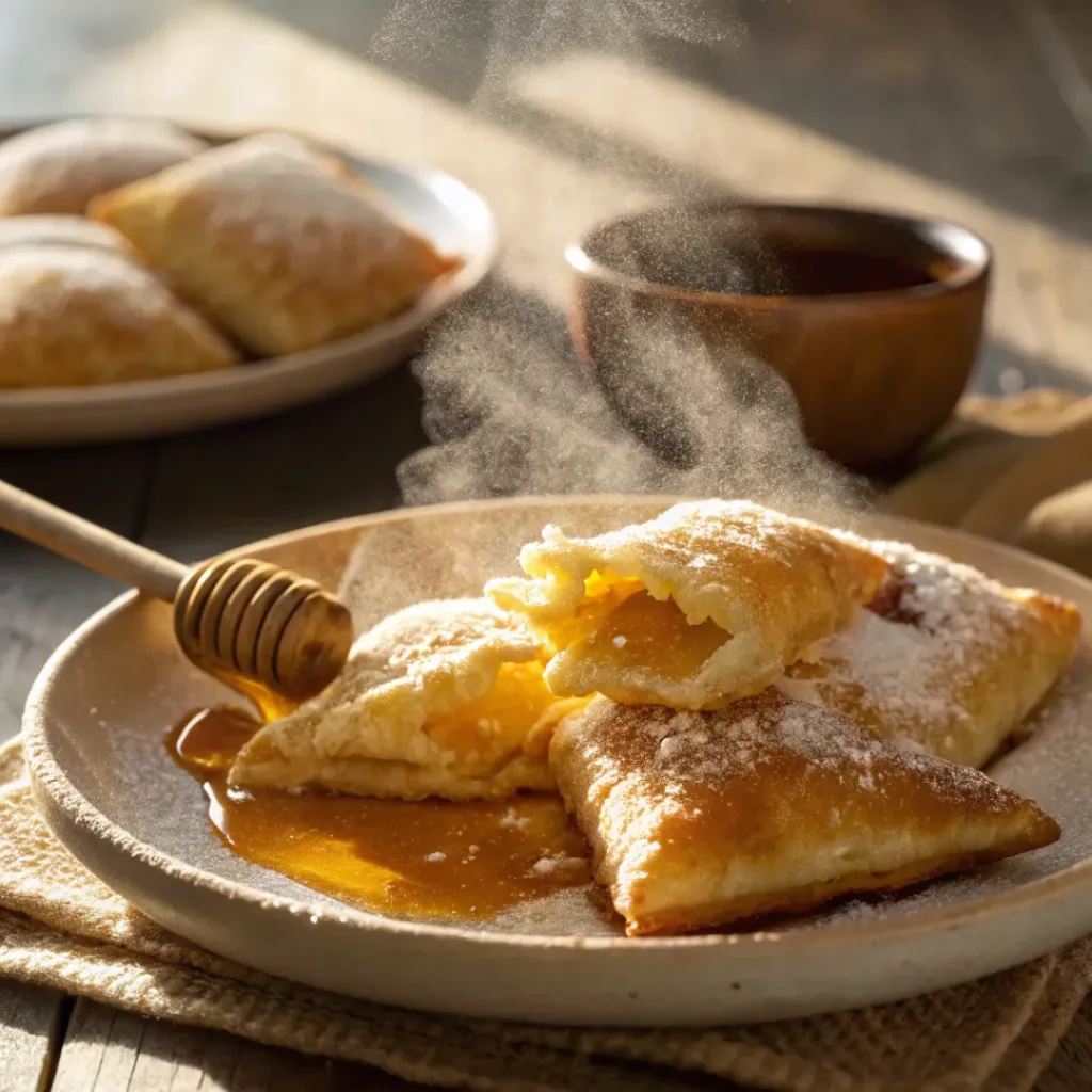 Puffy sopapillas drizzled with honey and powdered sugar