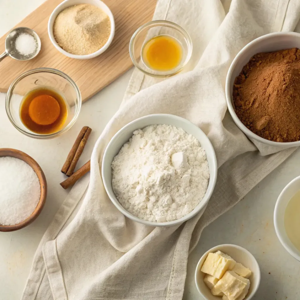 Flat lay of flour, baking powder, honey, and frying ingredients