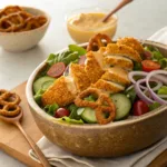 Pretzel-crusted chicken salad with honey mustard dressing and greens
