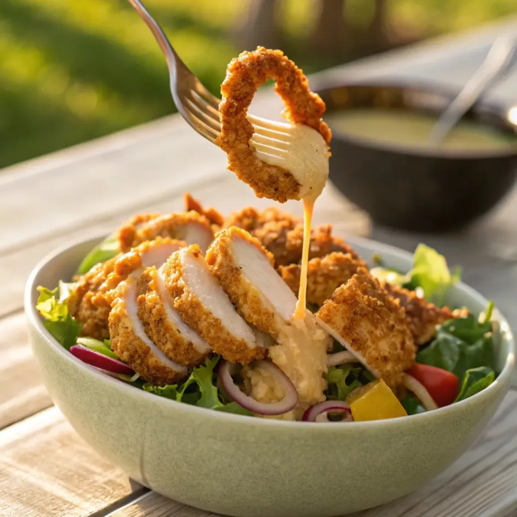 Pretzel chicken salad with honey mustard dressing and fresh vegetables