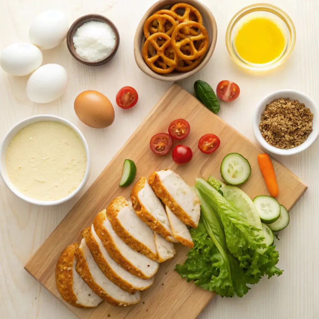 Flat lay of chicken, pretzels, greens, and honey mustard dressing ingredients