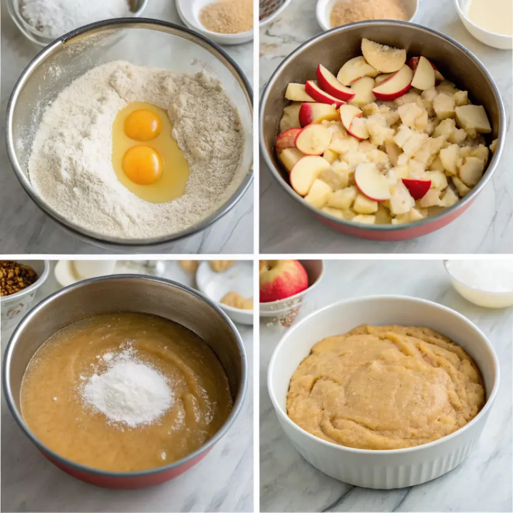 Step-by-step collage showing mixing apple cider cake batter, preparing the pan, baking, coating with cinnamon sugar, and slicing.