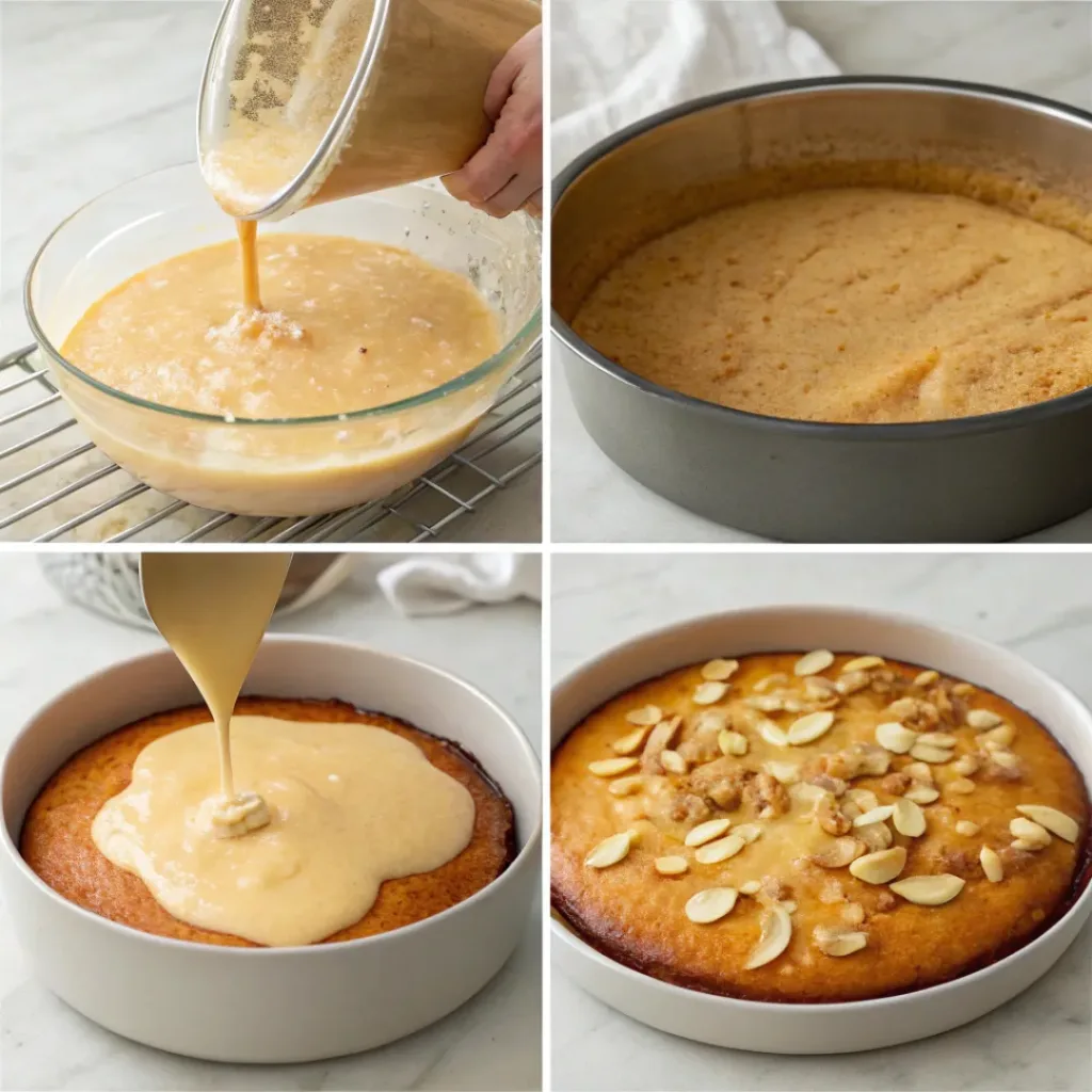 Apricot Glazed Almond Cake – Moist, Nutty & Fruity Bakery-Style Loaf 7 Four step collage showing batter mixing, baking, glazing, and topping cake